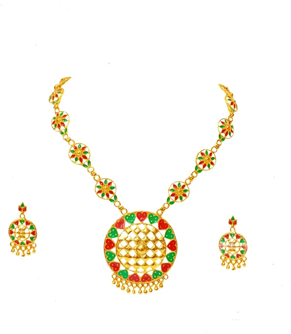 Assamese_Traditional_Gold_Plated_Red_Green_Colour_Japi_Jewellery_Set_For_Women